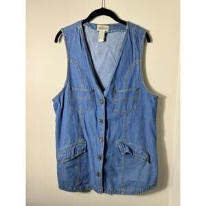 Vintage 90s Denim Republic Blue Western Stitch Button Up Jean Vest Size 18